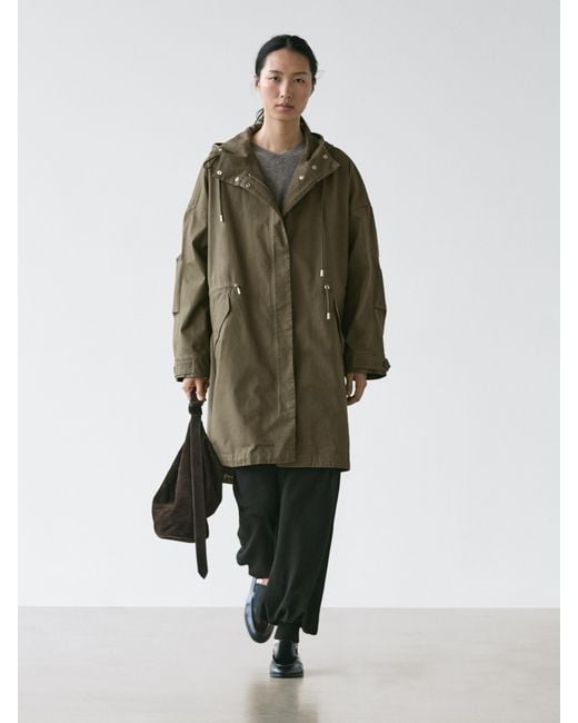 MASSIMO DUTTI Green Long Cotton Parka