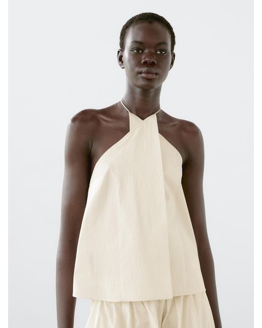 MASSIMO DUTTI Natural Striped Cotton Blend Halter Top