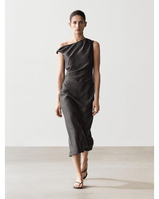 MASSIMO DUTTI White Midi Dress With Shoulder Pleat Detail