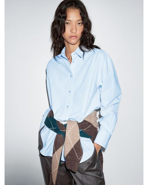 MASSIMO DUTTI Blue Long 100% Cotton Poplin Shirt