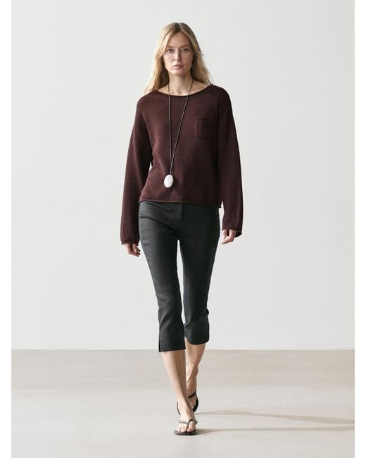 MASSIMO DUTTI Brown Cotton And Linen Knit Sweater With Pocket Detail