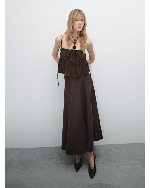 MASSIMO DUTTI Brown Flared Linen Skirt With Hem Detail