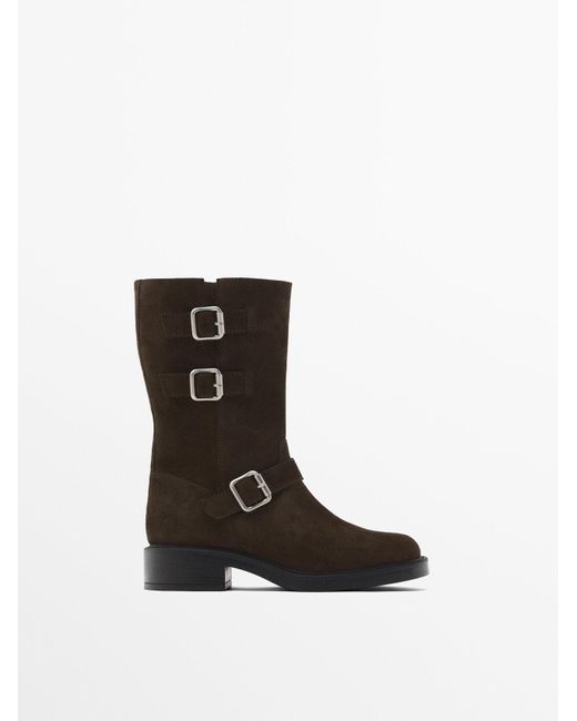 MASSIMO DUTTI Black Split Leather Biker Ankle Boots
