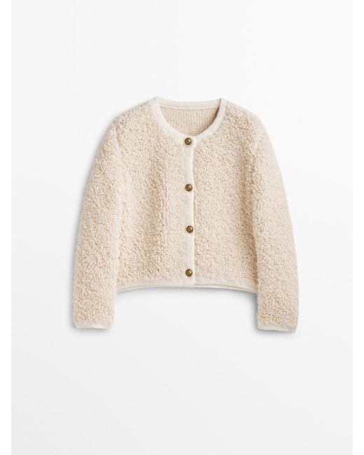 MASSIMO DUTTI White Bouclé Knit Cardigan With Buttons