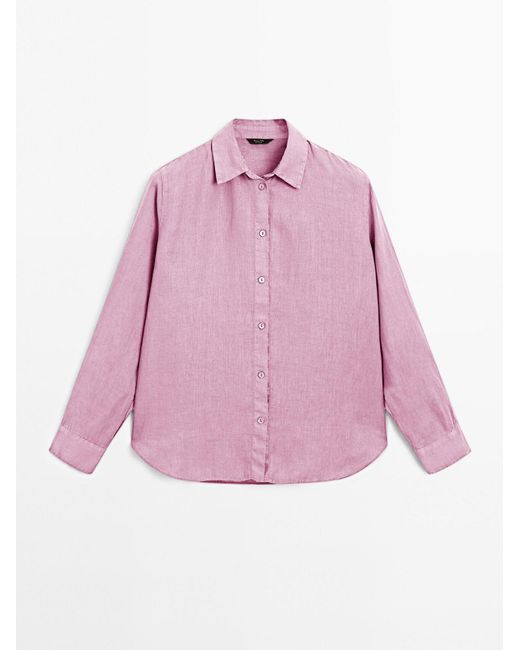 MASSIMO DUTTI Soepelvallend 100% Linnen Overhemd in het Pink