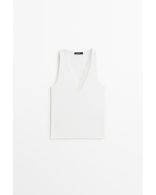 MASSIMO DUTTI White V-Neck Lace Trim Camisole Top