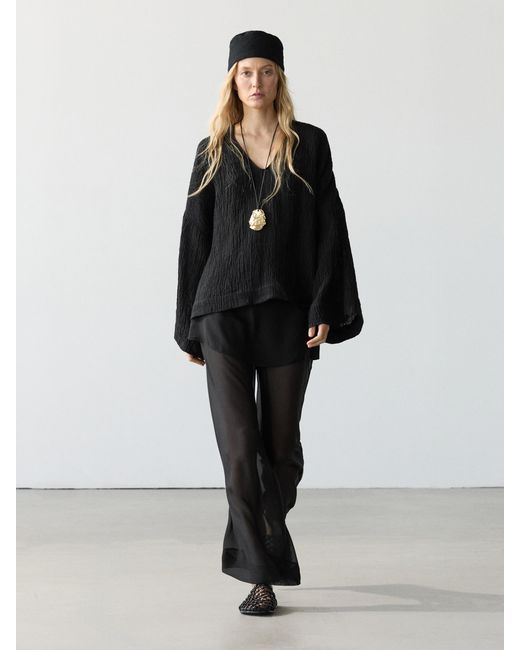 MASSIMO DUTTI Black Flowing 100% Linen Waffle-Knit Blouse