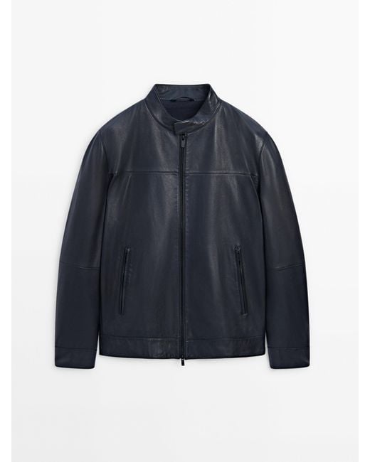 MASSIMO DUTTI Blue Nappa Leather Jacket for men