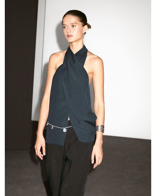 MASSIMO DUTTI Blue Halter Neck Back Neckline Top