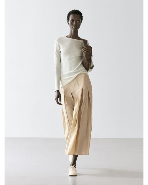 MASSIMO DUTTI Natural Cotton Midi Skirt With Box Pleats