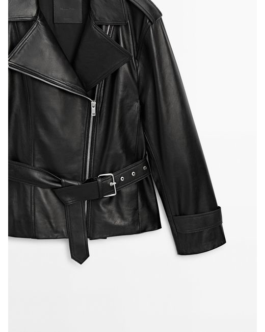 MASSIMO DUTTI Black Nappa Leather Biker Jacket With Belt