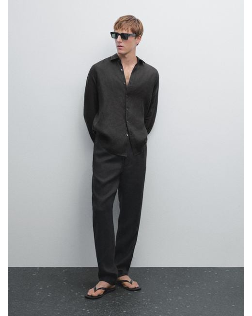 MASSIMO DUTTI Black Linen Jogger Fit Trousers for men