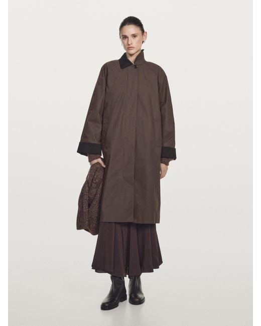 MASSIMO DUTTI Brown Long Waxed Parka With Corduroy Detail