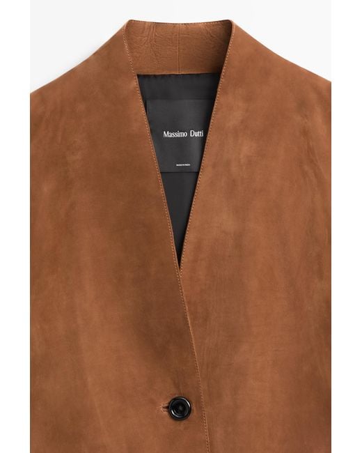MASSIMO DUTTI Brown Suede V-Neck Leather Jacket