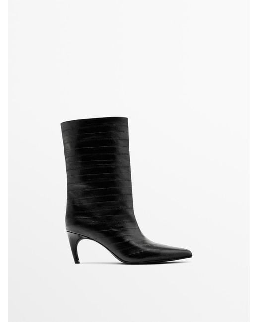 MASSIMO DUTTI Bewerkte Leren Enkellaars Met Hoge Hak in het Black