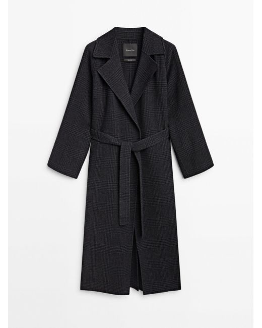 MASSIMO DUTTI Black Long Wool Blend Check Robe Coat