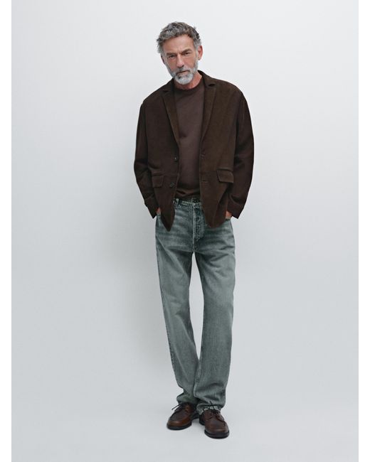 MASSIMO DUTTI Brown Suede Leather Blazer With Seam Details for men