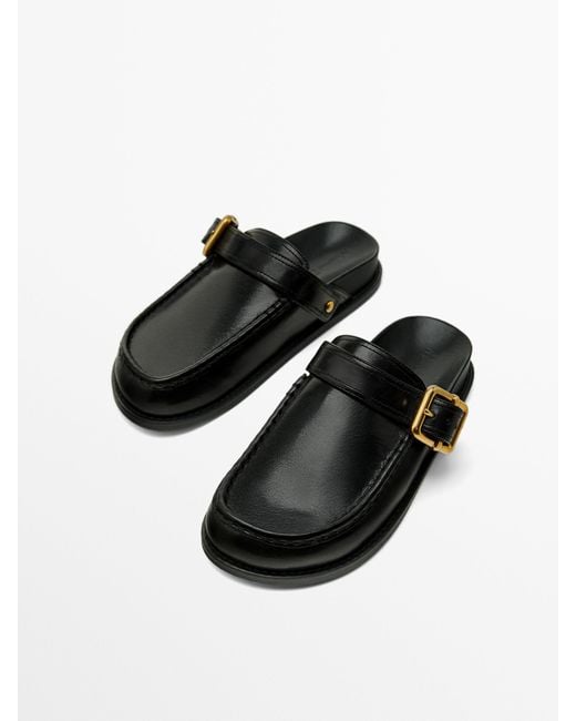MASSIMO DUTTI Black Leather Clogs With Buckle