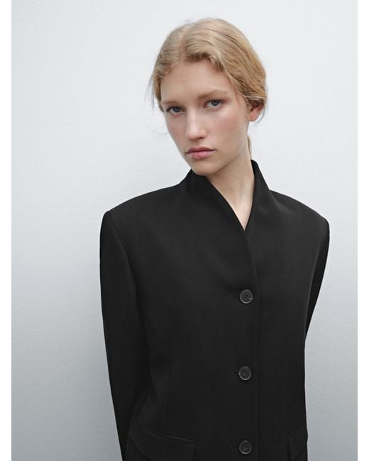 MASSIMO DUTTI Black Crepe Blazer With Stand Collar