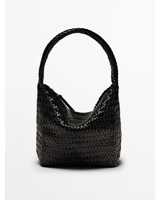 MASSIMO DUTTI Black Nappa Leather Woven Bucket Bag