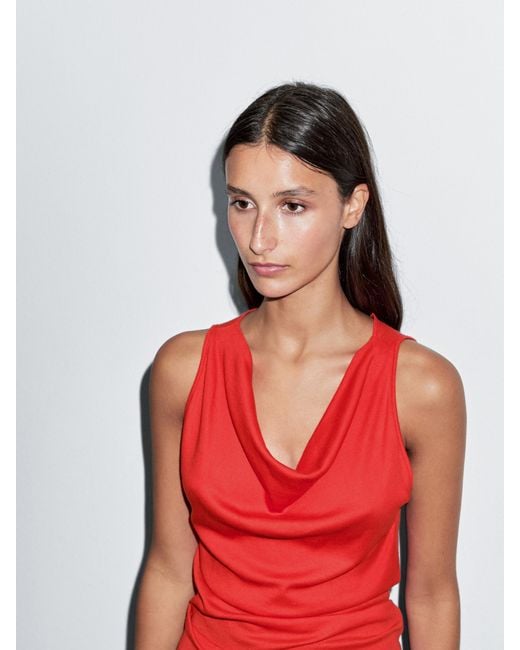 MASSIMO DUTTI Red 100% Cotton Top With Draped Neckline
