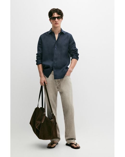 MASSIMO DUTTI Blue 100% Linen Slim Fit Shirt for men