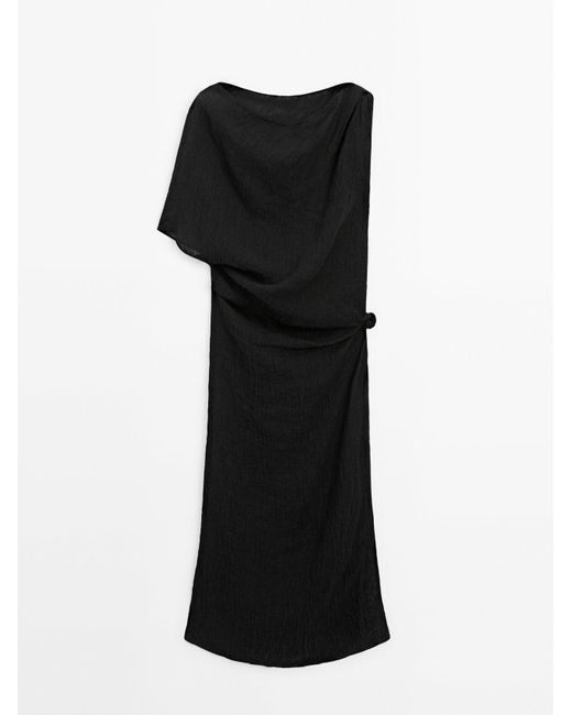 MASSIMO DUTTI Black Linen Midi Dress With Asymmetric Neckline