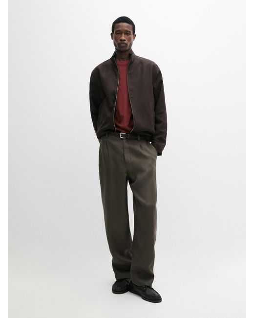 MASSIMO DUTTI Green Linen Trousers With Herringbone Detail for men