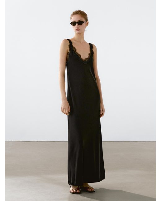 MASSIMO DUTTI White Long Flowing Dress With Lace Neckline