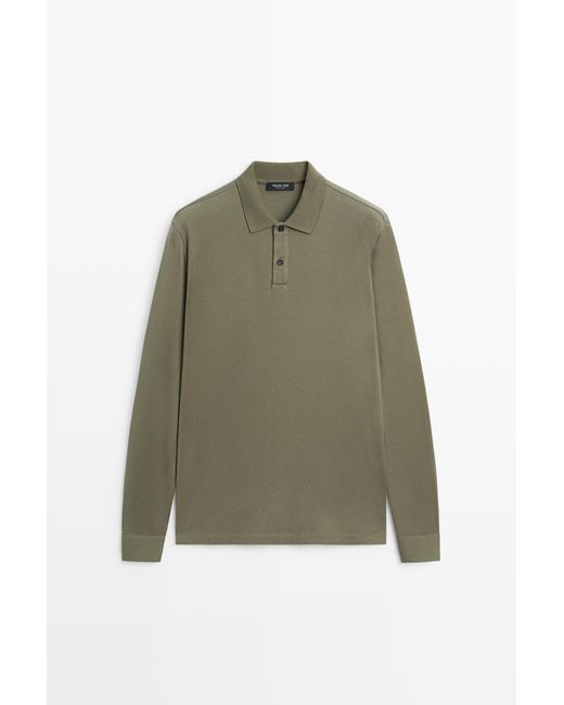 MASSIMO DUTTI Green 100% Cotton Micro-Textured Knit Polo Shirt for men