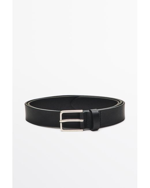 MASSIMO DUTTI Black Nappa Leather Belt With Rectangular Buckle for men