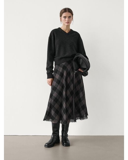 MASSIMO DUTTI Black 100% Wool Check Midi Skirt