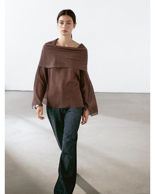 MASSIMO DUTTI Brown Linen Blend Cape-Style Blouse