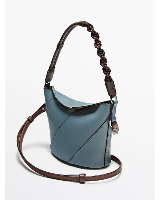 MASSIMO DUTTI Blue Nappa Leather Crossbody Bag With Woven Strap