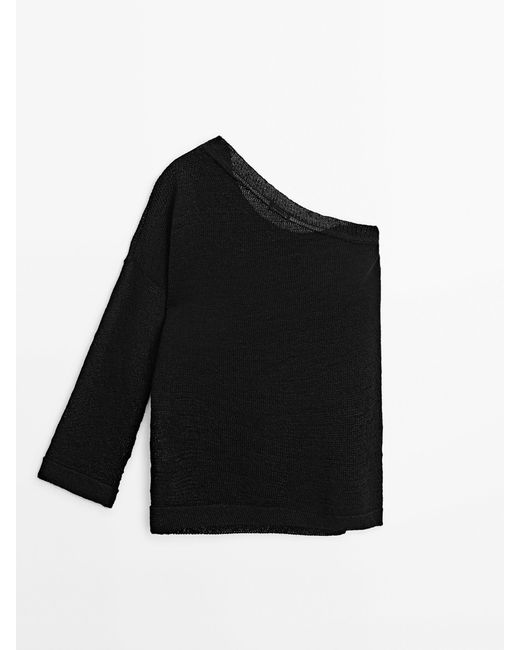 MASSIMO DUTTI Black Off-The-Shoulder Asymmetric Knit Sweater
