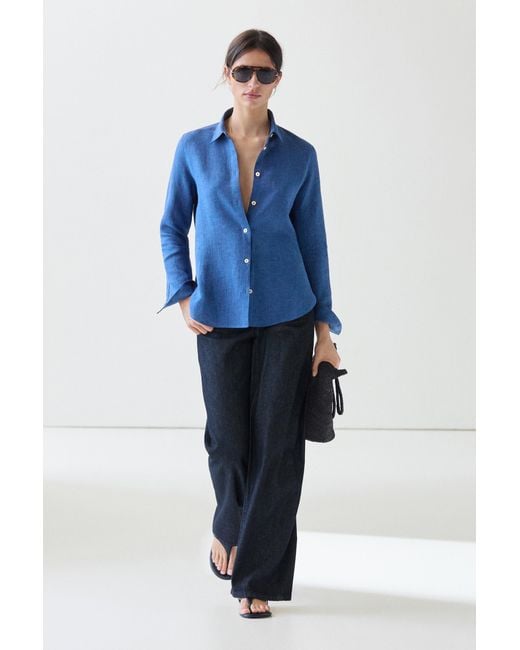 MASSIMO DUTTI Blue Flowing 100% Linen Shirt