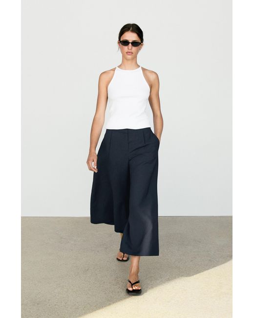 MASSIMO DUTTI Blue Flowing Wide-Leg Pleated Pants