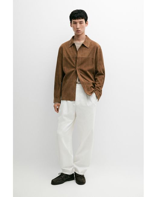 MASSIMO DUTTI White Lightweight Suede Leather Overshirt for men
