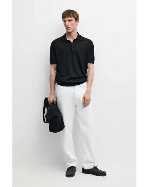 MASSIMO DUTTI Black Wool Blend Knit Polo Shirt for men