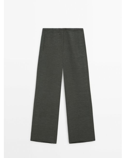 MASSIMO DUTTI Gray Linen Blend Wide-Leg Trousers