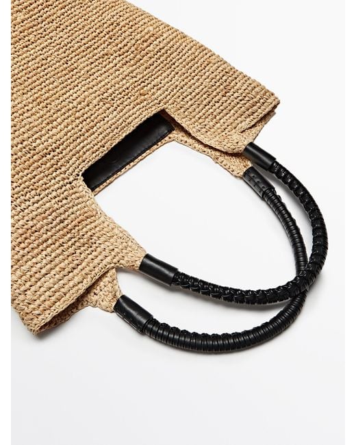 MASSIMO DUTTI Natural Raffia Tote Bag With Leather Strap