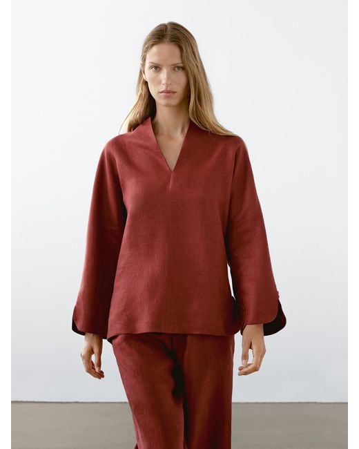 MASSIMO DUTTI Red 100% Linen V-Neck Blouse
