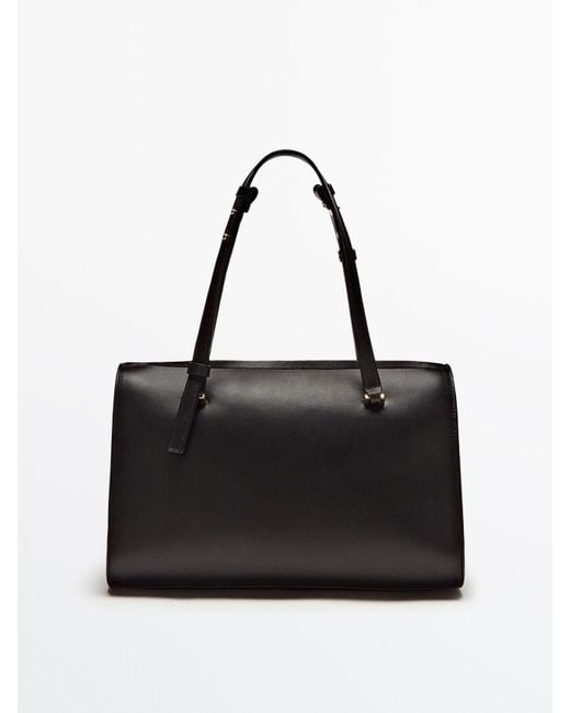 MASSIMO DUTTI Black Plain Leather Bowling Bag