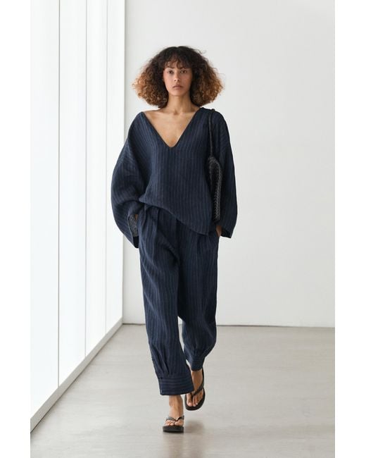 MASSIMO DUTTI Blue Linen Striped Blouse With Back Detail
