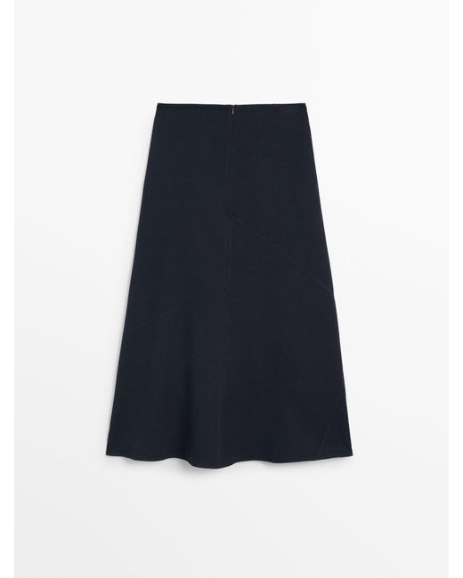 MASSIMO DUTTI Blue Cotton Midi Skirt With Seam Details