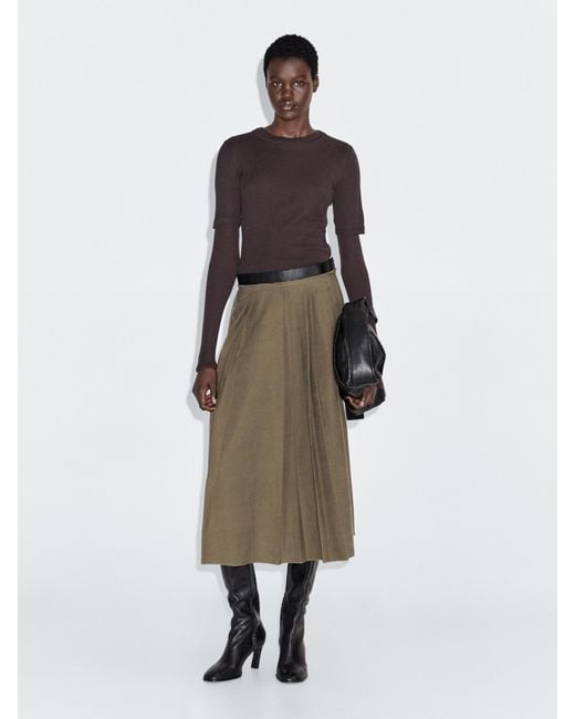 MASSIMO DUTTI Natural Pleated Midi Skirt With Waist Detail