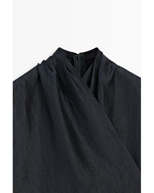MASSIMO DUTTI Black Linen Blend Sleeveless Crossover Top