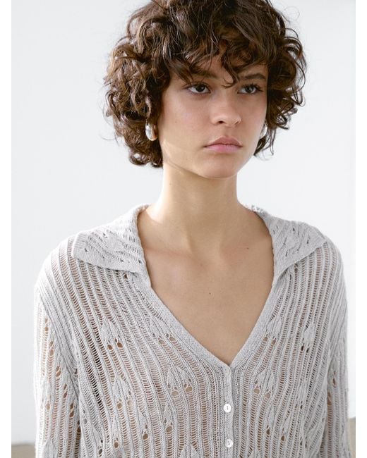 MASSIMO DUTTI Gray Cutwork Cardigan With Polo Collar