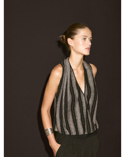MASSIMO DUTTI Black Linen Blend Knit Crossover Halter Top