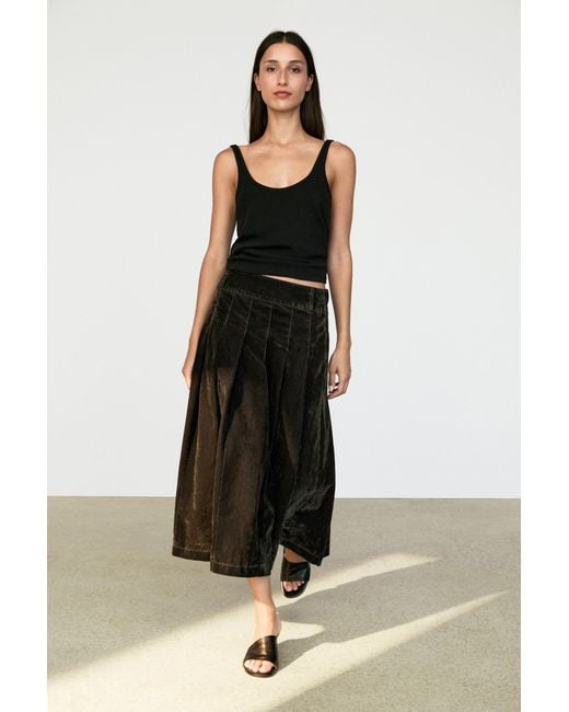 MASSIMO DUTTI Black Flocking Denim Midi Skirt With Box Pleats